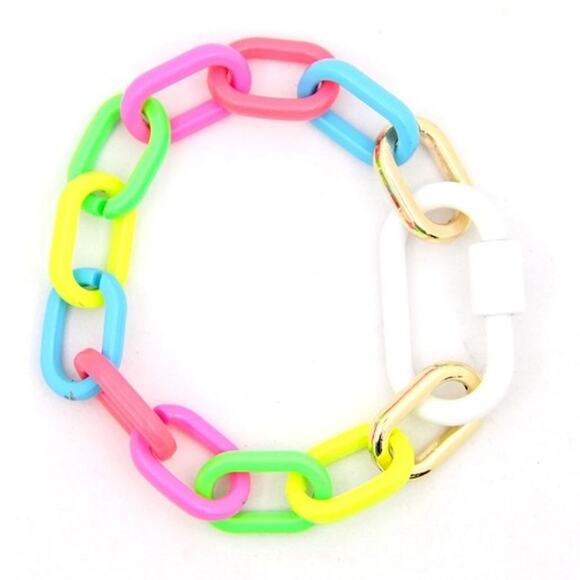 Luxe Link Enamel Chain Bracelet with Carabiner Lock Clasp Neon Rainbow - Picture 1 of 6